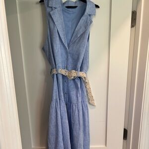 ZARA BLUE COLLARED LINEN BLEND SLEEVELESS MIDI SHIRT DRESS WITH BELT SIZE S